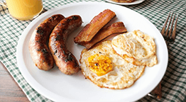 Irish breakfast - sausages, eggs.
